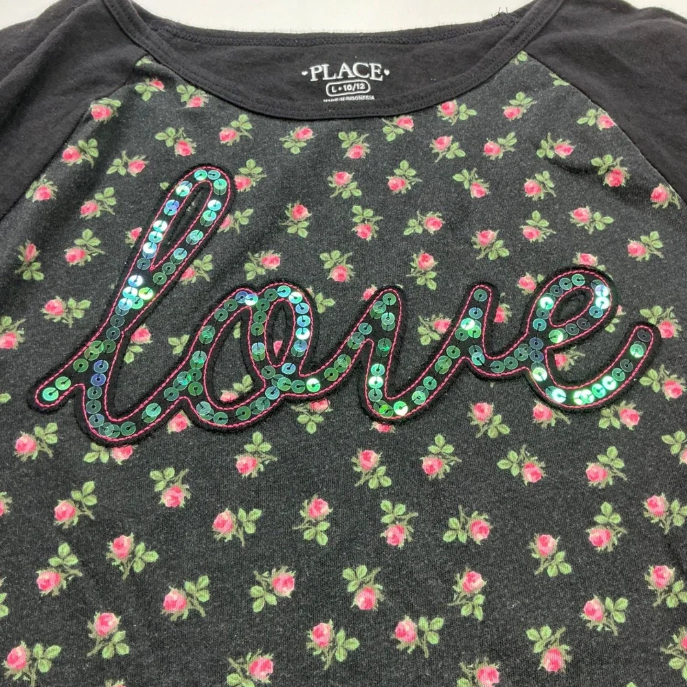 The Children's Place Black Floral Love Sequin Raglan Top Kids Size L 10/12